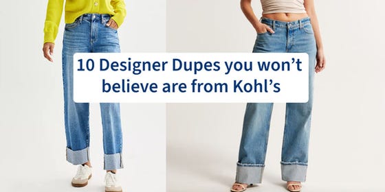 two pairs of jeans with a blue banner promotion Kohl's designer dupes