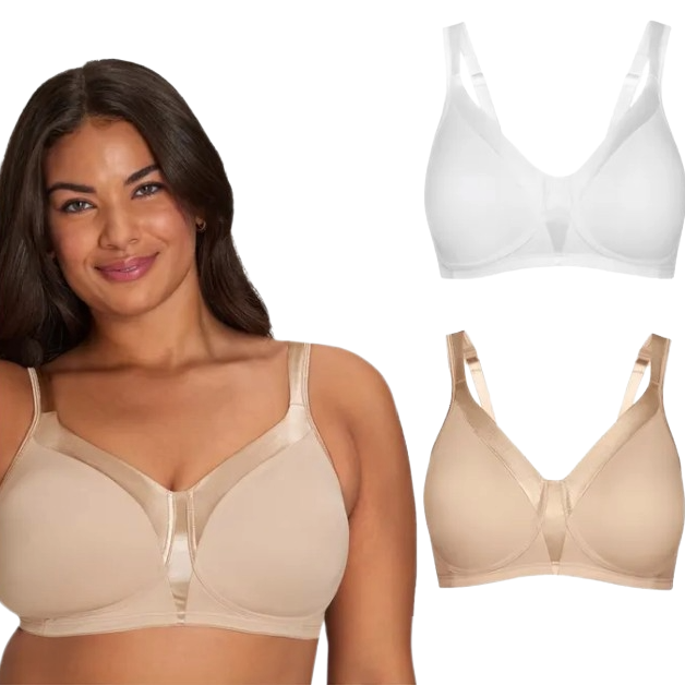 A woman wearing a beige bra is shown alongside white and additional beige bras.