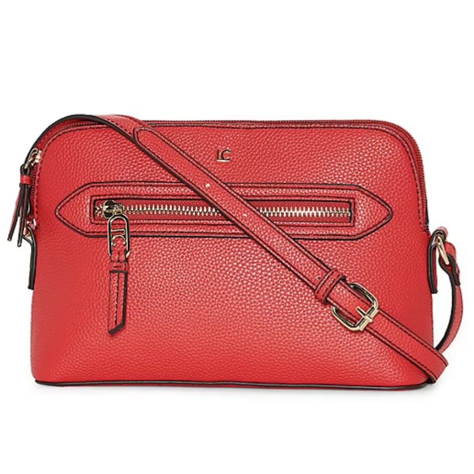 Red crossbody bag with a textured finish, featuring a front zipper pocket, adjustable strap, and gold-tone hardware.