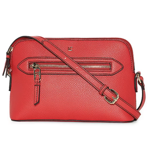 Red crossbody bag with a textured finish, featuring a front zipper pocket, adjustable strap, and gold-tone hardware.