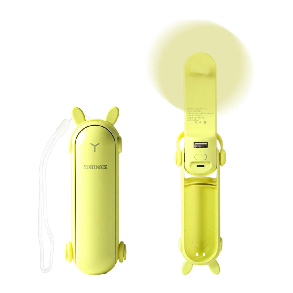 A yellow handheld portable fan with a round-edged rectangular shape, resembling an animal with ears.