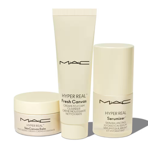The 3pc Holy Grail Mini Hyper Real Kit includes MAC Hyper Real Fresh Canvas Cream-to-Foam Cleanser, Hyper Real Serumizer Skin Balancing Hydration Serum, and Hyper Real SkinCanvas Balm Moisturizing Cream.