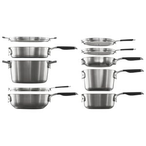 10-piece Calphalon cookware set includes various pots and pans with stainless steel bodies and black handles. The set comprises frying pans, saucepans, and stock pots with matching lids.