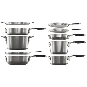 10-piece Calphalon cookware set includes various pots and pans with stainless steel bodies and black handles. The set comprises frying pans, saucepans, and stock pots with matching lids.