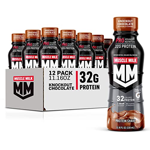A 12-pack of Muscle Milk Protein Shakes is shown, each with 32 grams of protein, in a Knockout Chocolate flavor.