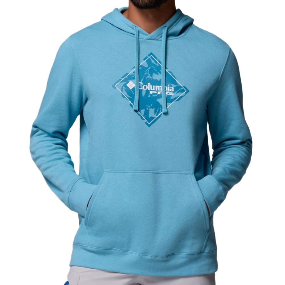 Blue Columbia hoodie with a mountain graphic and drawstrings, featuring a front pocket and long sleeves.