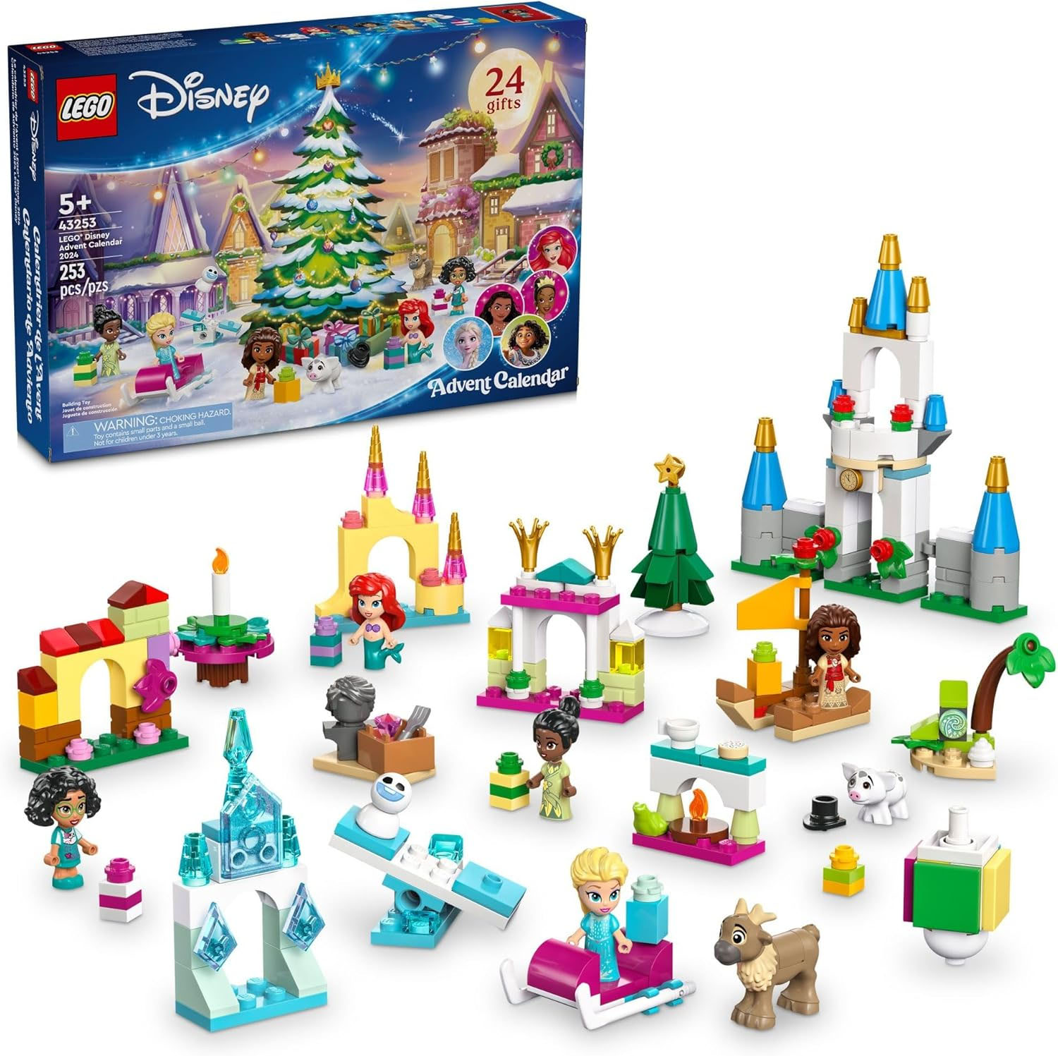 LEGO Disney Advent Calendar includes 24 gifts featuring mini-figures and builds from popular Disney characters. Sets include small castles, trees, and characters like Elsa, Ariel, and more, designed for ages 5 and up with 253 pieces.