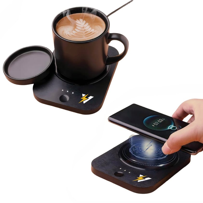 A dual-function device featuring a coffee mug warmer and a wireless phone charger, with a lightning bolt symbol indicating its power capabilities.