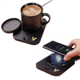 A dual-function device featuring a coffee mug warmer and a wireless phone charger, with a lightning bolt symbol indicating its power capabilities.