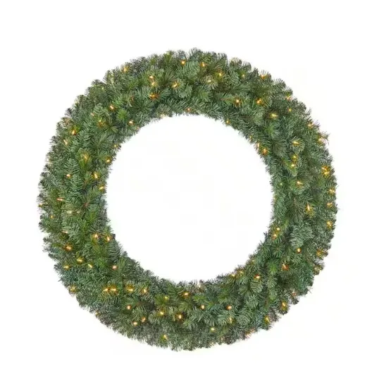 A 48-inch pre-lit LED Christmas wreath made of artificial green foliage with small, warm white lights evenly distributed throughout. Perfect for festive holiday decoration.