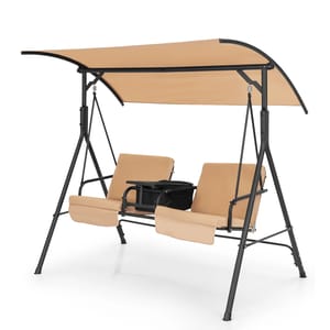 The Costway Canopy Porch Swing features a beige canopy and seating for two, with individual seats separated by a center table. It has a black metal frame, offering a sturdy and stylish design for outdoor relaxation.