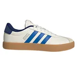 Adidas white sneaker with blue stripes, blue heel accent, and a gum sole.