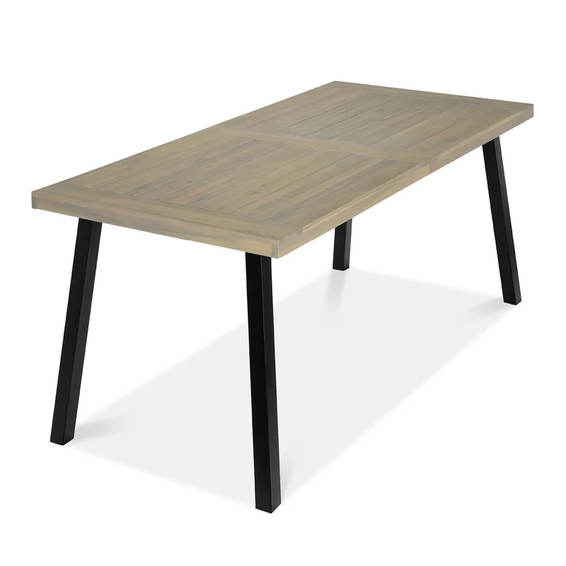 Dining table with a rectangular wooden top featuring a plank design and black angled metal legs.