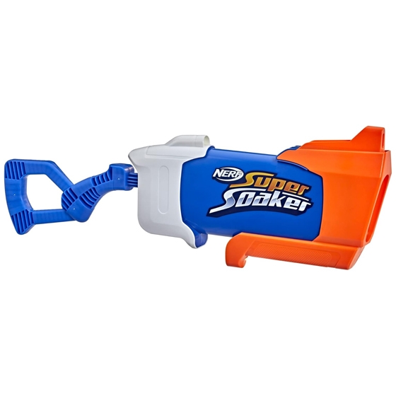 The Nerf Super Soaker Rainstorm Water Blaster is a blue and orange toy water gun with a unique handle design for easy grip, designed to deliver a continuous stream of water.