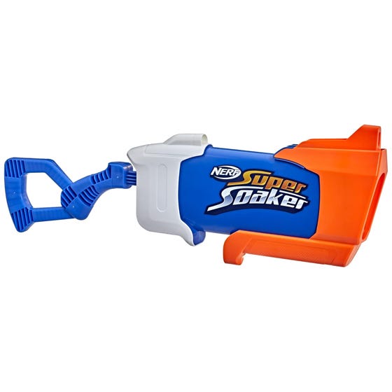 The Nerf Super Soaker Rainstorm Water Blaster is a blue and orange toy water gun with a unique handle design for easy grip, designed to deliver a continuous stream of water.