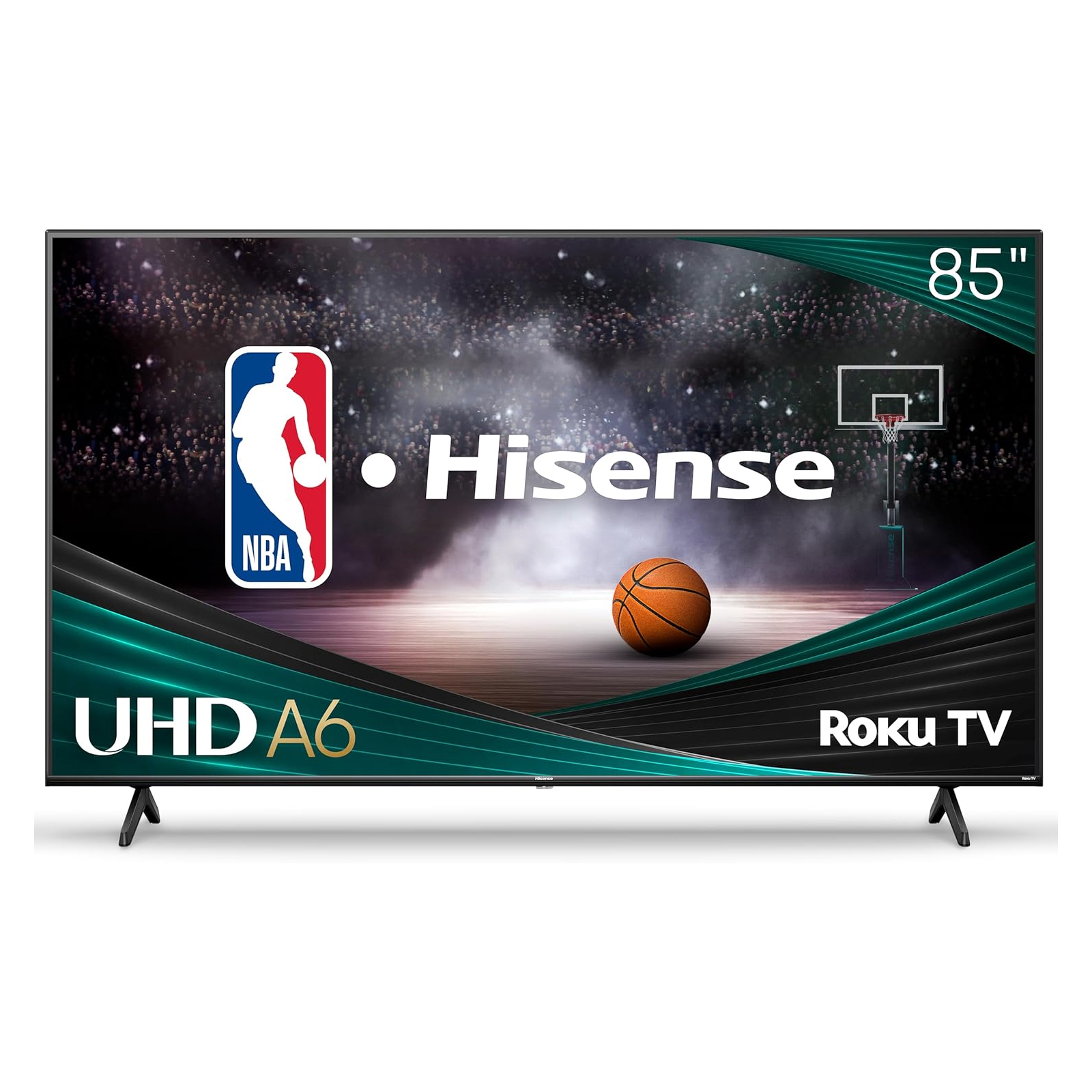 Hisense 85\“ Roku TV features UHD A6 technology, NBA branding, and includes Roku TV capabilities.