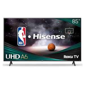 Hisense 85\“ Roku TV features UHD A6 technology, NBA branding, and includes Roku TV capabilities.