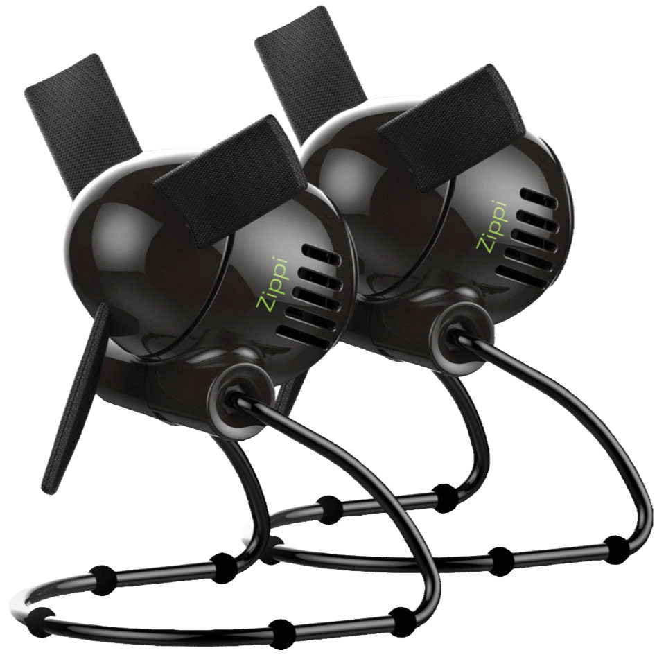 Two black Zippi personal fans with soft cloth blades and adjustable stands.