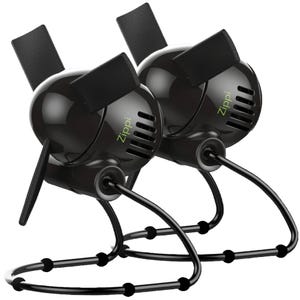 Two black Zippi personal fans with soft cloth blades and adjustable stands.
