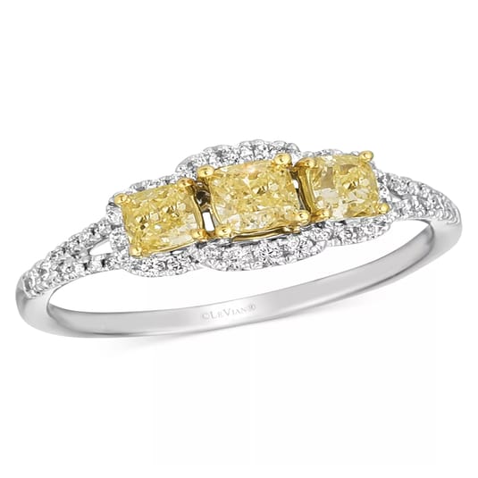 A ring featuring three yellow diamonds set in a row, accented by smaller white diamonds on a split shank band, crafted by Le Vian.