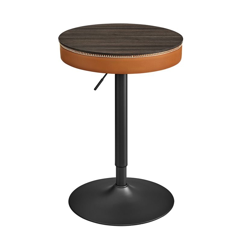 Round side table with a dark wood top, tan leather sides with zipper detail, and a black metal base.