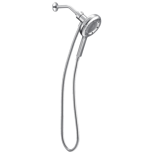 The Moen Quattro Handheld Showerhead features a chrome finish with a dual-head design and flexible hose, providing versatile showering options.