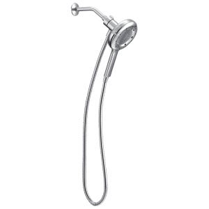 The Moen Quattro Handheld Showerhead features a chrome finish with a dual-head design and flexible hose, providing versatile showering options.