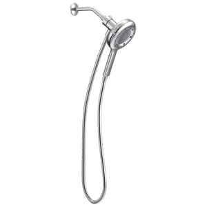 The Moen Quattro Handheld Showerhead features a chrome finish with a dual-head design and flexible hose, providing versatile showering options.