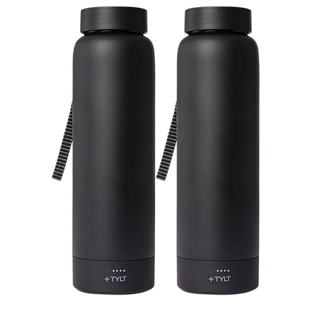 Two black insulated water bottles with carrying straps and LED indicators, branded \“+TYLT\“ at the base.