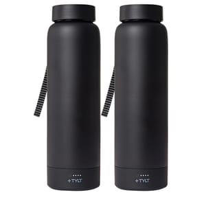 Two black insulated water bottles with carrying straps and LED indicators, branded \“+TYLT\“ at the base.