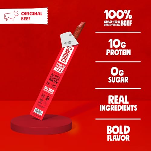 Chomps Original Beef is a 100% grass-fed and grass-finished beef stick, offering 10g of protein, 0g sugar, and made with real ingredients, emphasizing bold flavor.