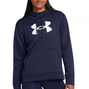 A navy blue hoodie with a large white Under Armour logo on the front, featuring a drawstring hood and a front pouch pocket.