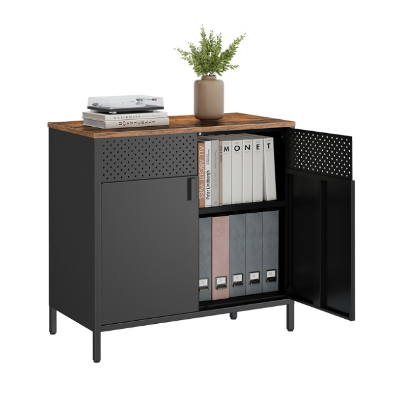 A modern cabinet featuring a wood top, perforated metal sides, and two compartments with doors. It holds books and file organizers, and is adorned with a small plant and a stack of books on top.