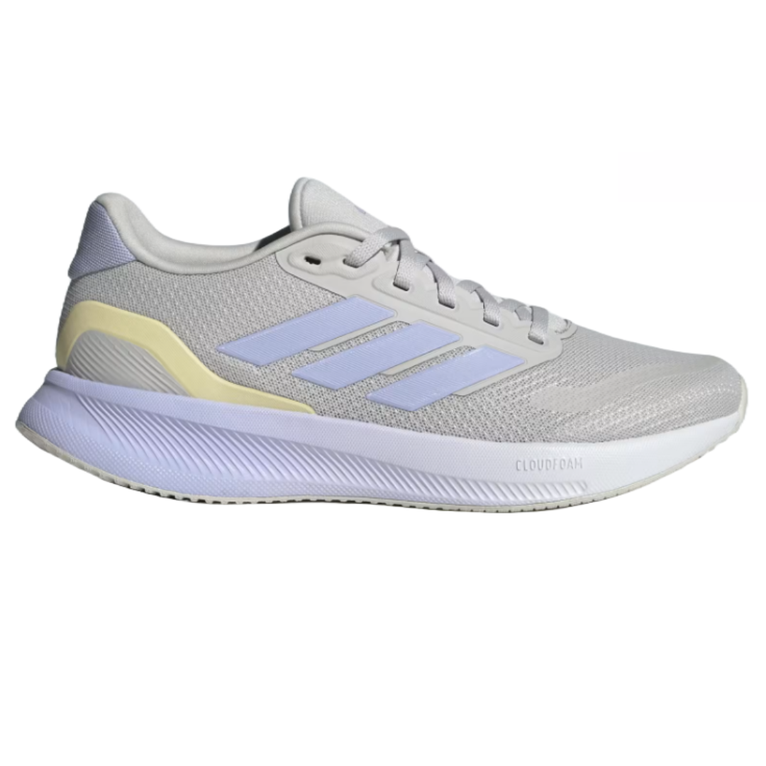 Adidas Women's Runfalcon 5 Shoes in light gray feature a mesh upper with light purple stripes, cushioned cloudfoam midsole, and a durable rubber outsole. They include a subtle yellow accent near the heel.