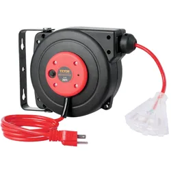 Retractable extension cord reel with a 30 ft cord, featuring a black and red casing and a multi-outlet end.