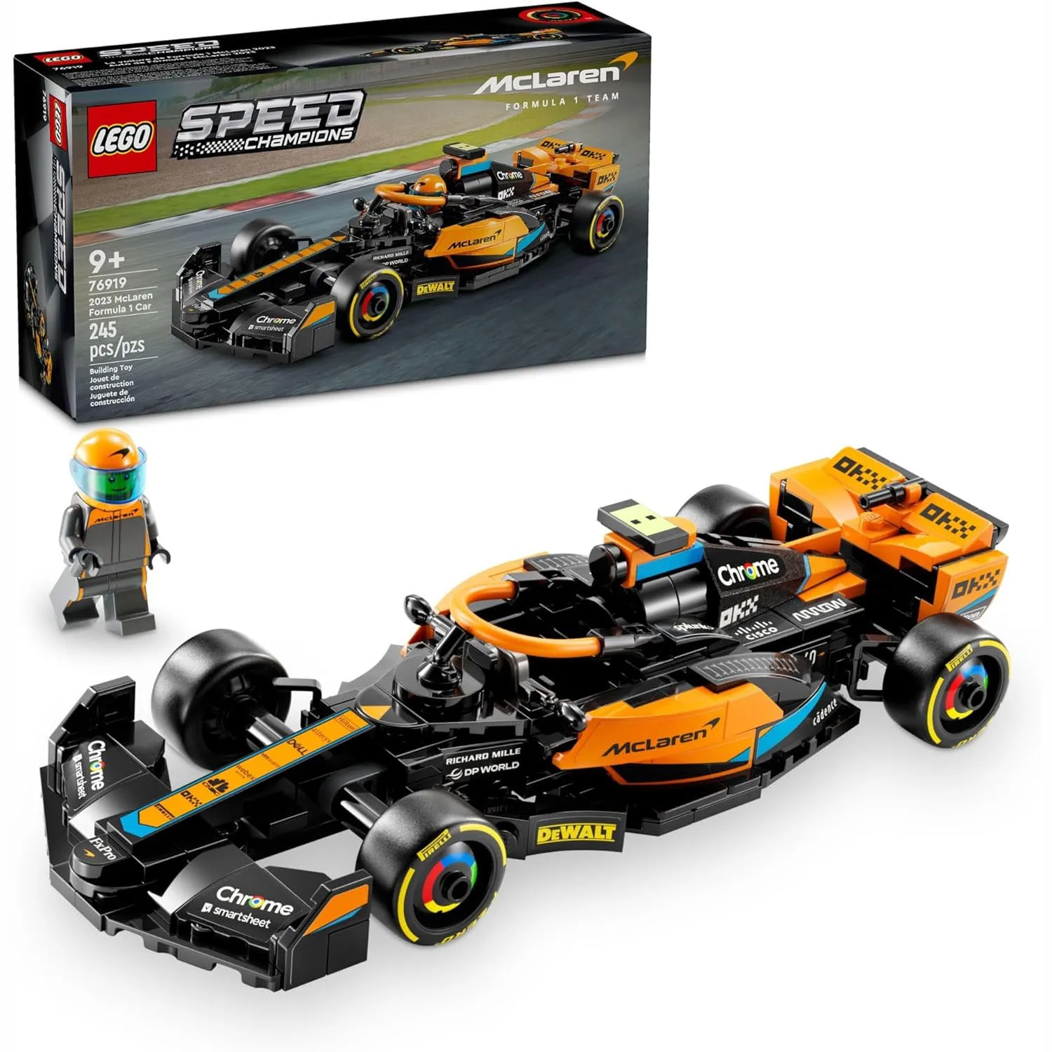 LEGO Speed Champions set 76919 features a McLaren Formula 1 car with 245 pieces, designed for ages 9 and up. It includes a detailed race car model with McLaren livery and a minifigure driver with a helmet.