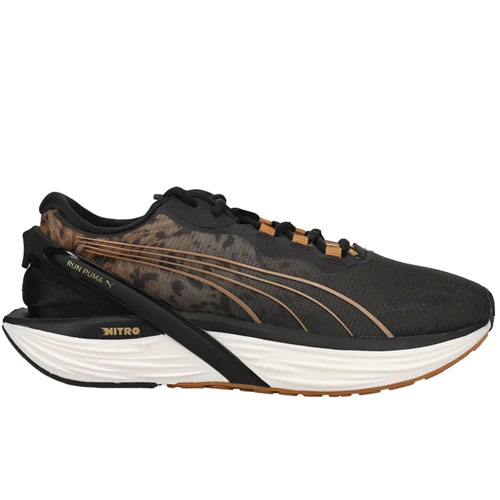 Puma Run XX Nitro Sneakers feature a sleek black design with brown and leopard print accents, a cushioned white sole, and distinctive Puma branding. They are designed for comfort and performance with a contemporary aesthetic.