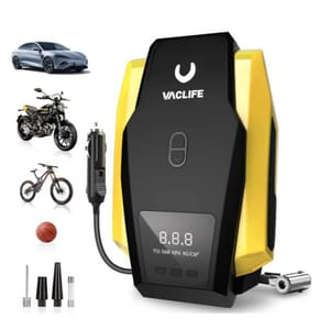 A digital tire inflator with multiple nozzle attachments, suitable for cars, motorcycles, and sports equipment.