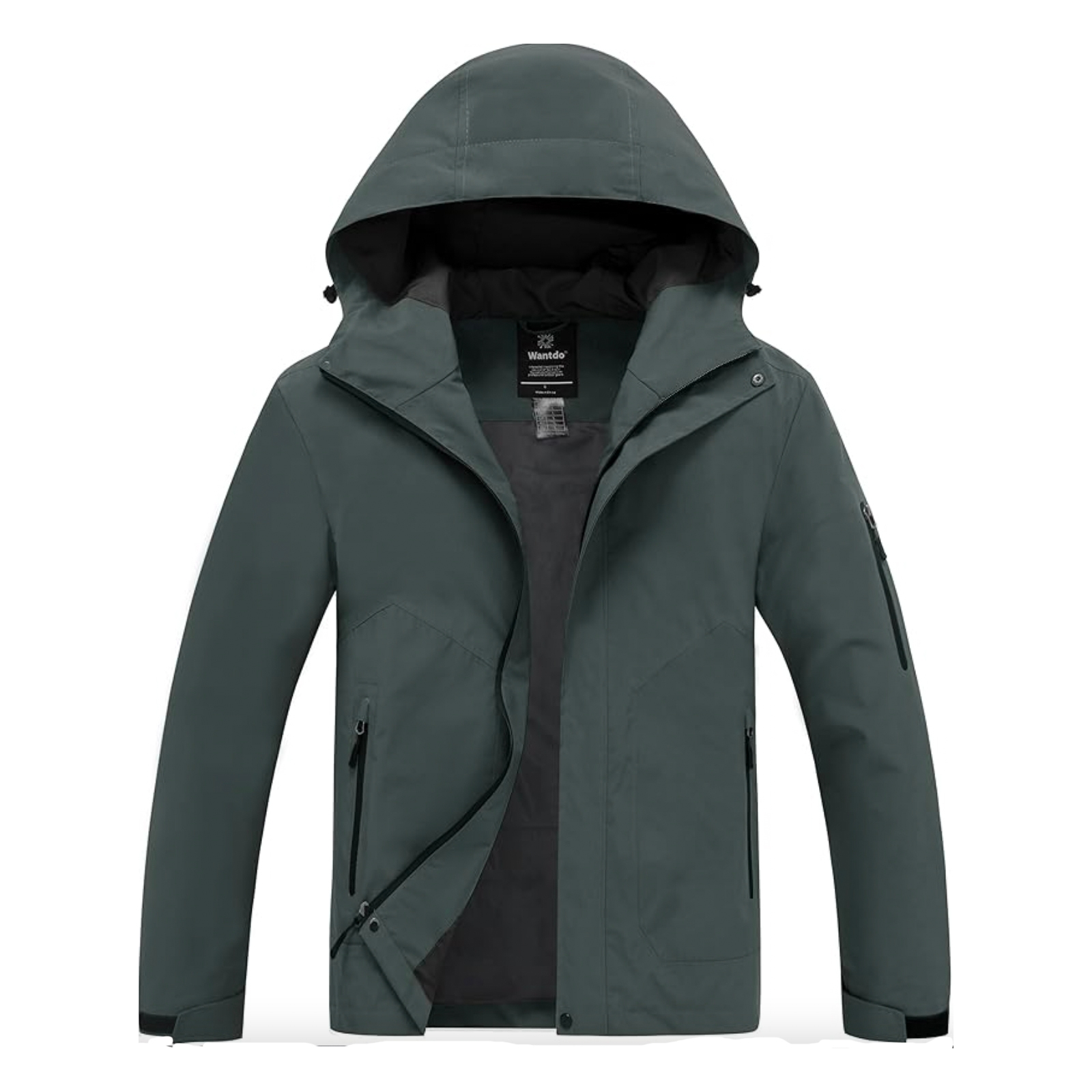 Green hooded jacket with zipped pockets.