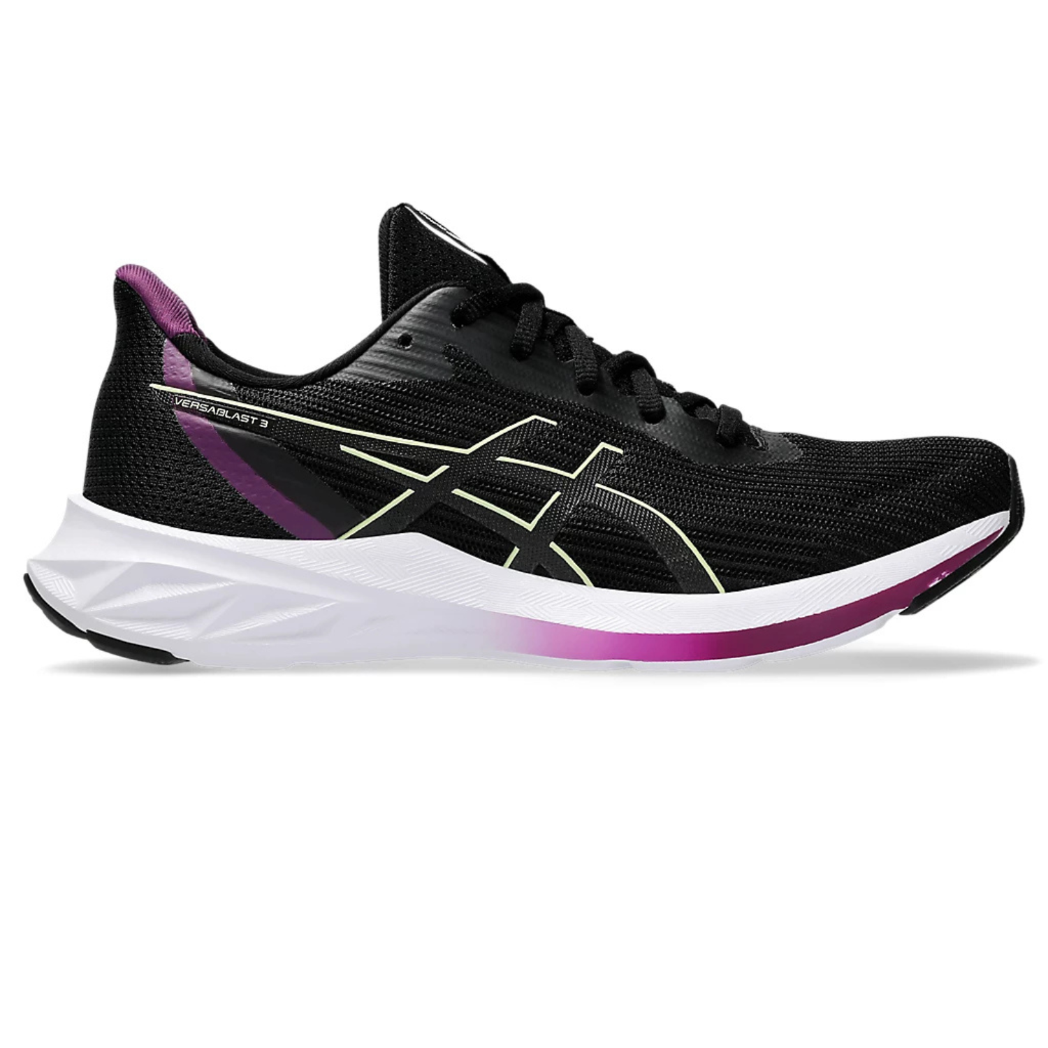 ASICS Versablast 3 shoes feature a black mesh upper with white and purple accents, including a white midsole and a distinctive ASICS logo on the side. Designed for comfort and cushioning, suitable for running or casual wear.