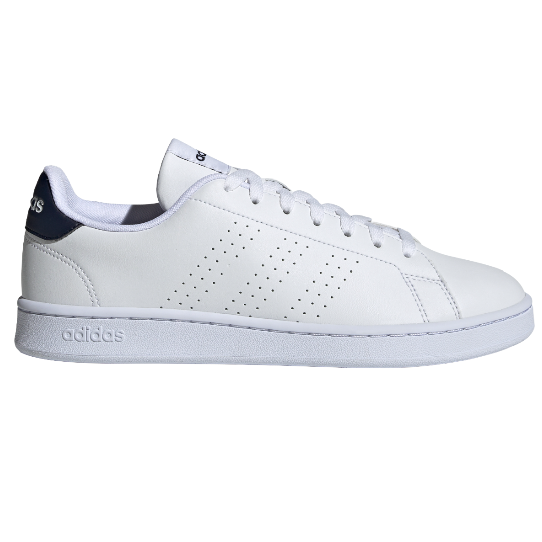 White Adidas sneaker with perforated stripes, navy heel tab, and \“Adidas\“ logo on the sole.