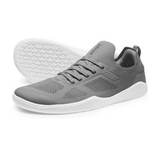Gray sports shoes with mesh detailing, a white sole, and a pull tab on the heel.
