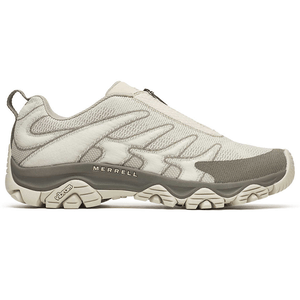 Merrell slip-on hiking shoe with a mesh upper, Vibram sole, and neutral beige and gray colors.