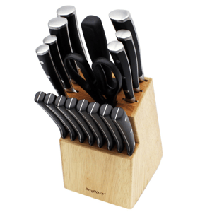 18-piece BergHOFF cutlery set with stainless steel knives featuring black handles, including various knife types, kitchen shears, and a wood block for storage.