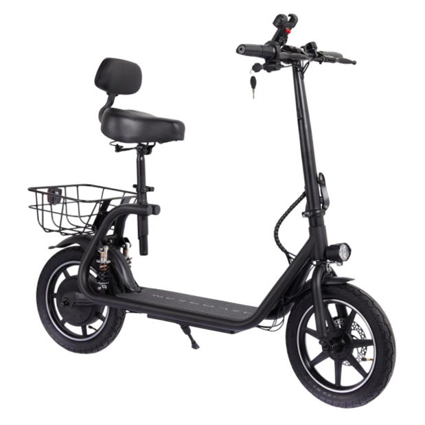 A black electric scooter with a padded seat, backrest, rear storage basket, and front headlight.