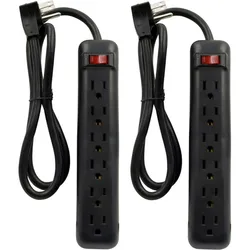 Two black power strips with six outlets each, featuring a red power switch and a black cord with a three-prong plug.
