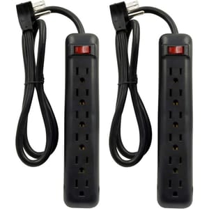 Two black power strips with six outlets each, featuring a red power switch and a black cord with a three-prong plug.
