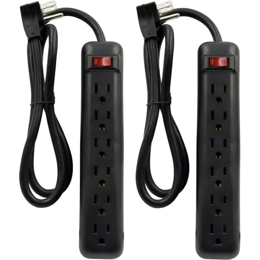 Two black power strips with six outlets each, featuring a red power switch and a black cord with a three-prong plug.