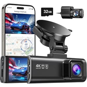 Red Tiger 4K Dash Cam Kit includes a 4K Ultra HD dash cam with WiFi and GPS, a rear camera, a 32GB memory card, and shows integration with a smartphone app for real-time GPS data and video playback.