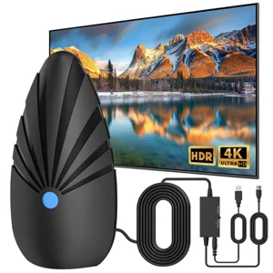 A TV antenna designed for receiving 4K Ultra HD and HDR broadcasts, featuring a stylish curved design and a long, coiled cable with USB and coaxial connectors.